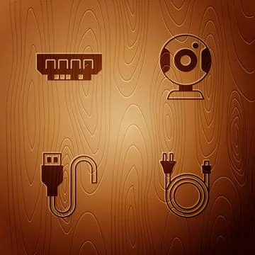 Set Electric plug, RAM, random access memory, USB cable cord and Web camera on 스톡 일러스트
