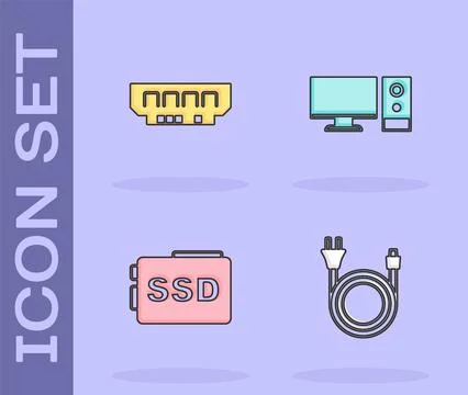 Set Electric plug, RAM, random access memory, SSD card and Computer monitor icon Illustrazione stock