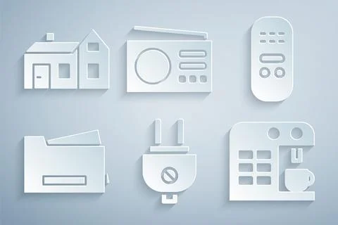 Set Electric plug, Remote control, Printer, Coffee machine, Radio and House icon Stock Illustration