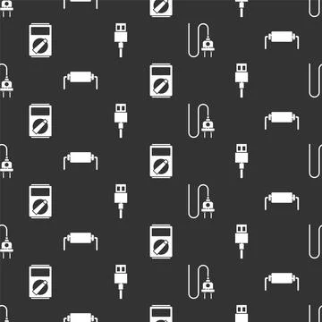 Set Electric plug, Resistor electricity, Multimeter and USB cable cord on Illustrazione stock