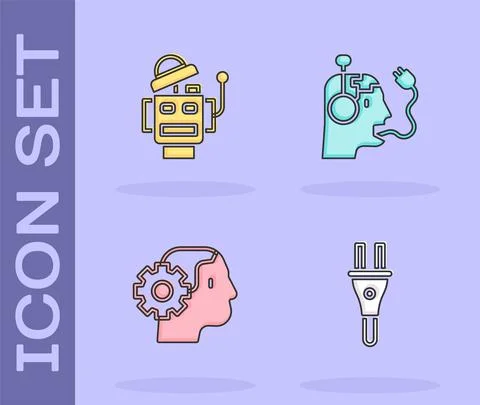 Set Electric plug, Robot, Humanoid robot and charging battery icon. Vector イラスト素材