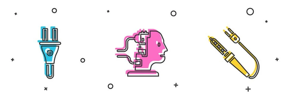 Set Electric plug, Robot for maintenance and Soldering iron icon. Vector Stockillustratie