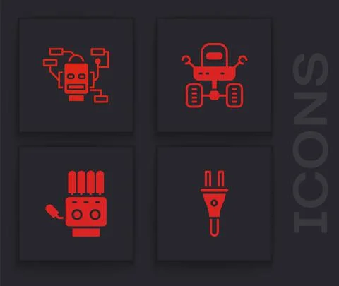 Set Electric plug, Robot, Mars rover and Mechanical robot hand icon. Vector 스톡 일러스트