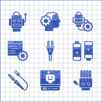Set Electric plug, Robot, Mechanical robot hand, Battery, Soldering iron Stock Illustration