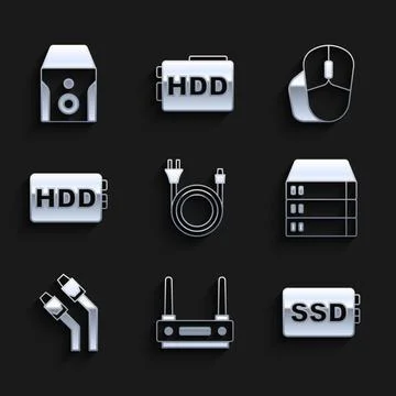 Set Electric plug, Router and wi-fi signal, SSD card, Server, Data, Web Hosting Stock Illustration