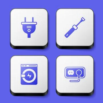 Set Electric plug, Screwdriver, Washer and Electrical outlet icon. White square Illustrazione stock