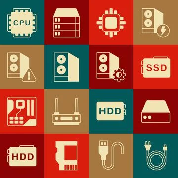 Set Electric plug, Server, Data, Web Hosting, SSD card, Processor with CPU,.. Stock Illustration
