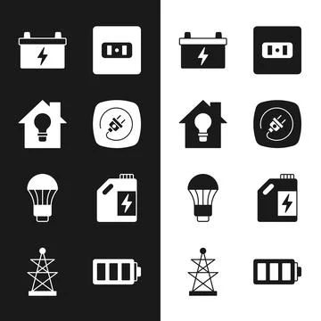 Set Electric plug, Smart house and light bulb, Car battery, Electrical outlet Illustrazione stock