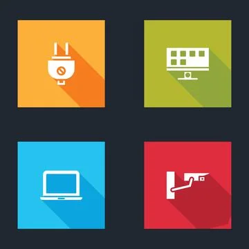 Set Electric plug, Smart Tv, Laptop and Security camera icon. Vector イラスト素材