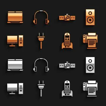 Set Electric plug, Stereo speaker, Printer, Telephone, Computer monitor Stock Illustration