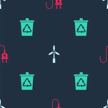 Set Electric plug, Wind turbine and Recycle with recycle on seamless pattern Stock Illustration