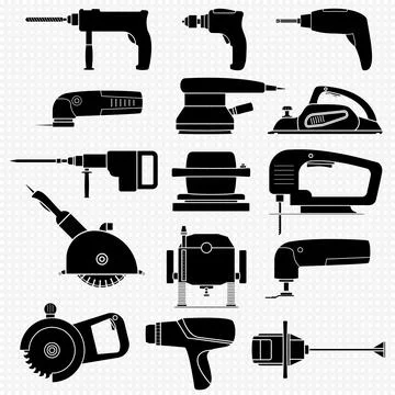 Set of electric power tools for carpentry and construction work.  Stock Illustration