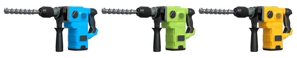 Set of electric rotary hammers with side handles and drill bits, isolated on Stock Illustration