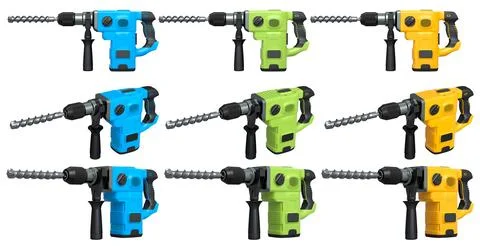 Set of electric rotary hammers with side handles and drill bits, isolated on  Stock Illustration