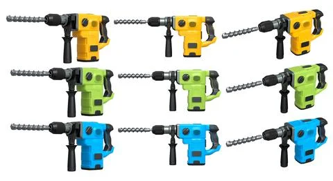 Set of electric rotary hammers with side handles and drill bits, isolated o.. Stock Illustration