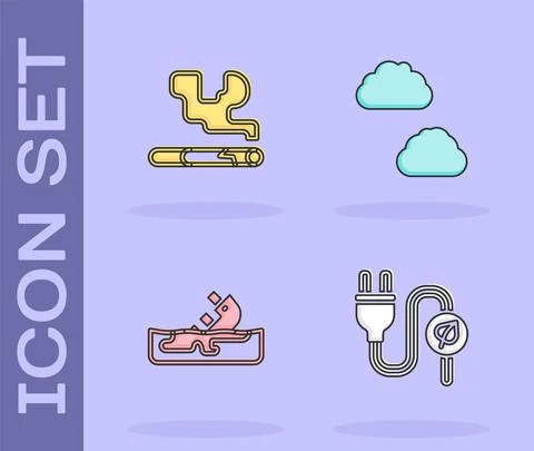 Set Electric saving plug in leaf, Cigarette, Wrecked oil tanker ship and Cloud 库存插图