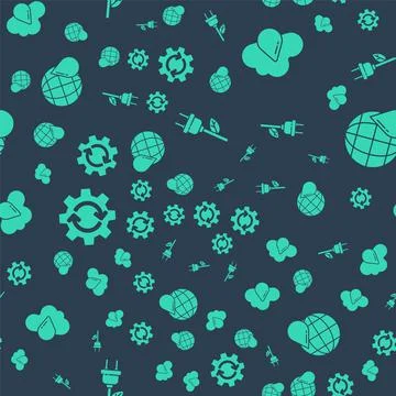 Set Electric saving plug in leaf, Cloud with rain, Gear and arrows as workflow Illustrazione stock