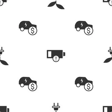 Set Electric saving plug in leaf, Low battery and car price on seamless pattern Stock Illustration