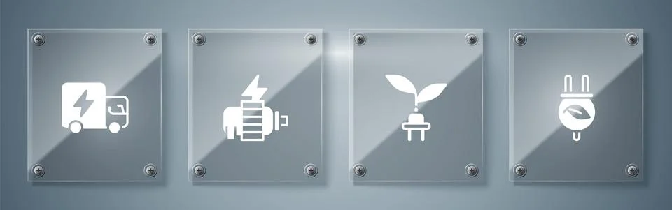 Set Electric saving plug in leaf, motor and truck. Square glass panels. Vector 스톡 일러스트