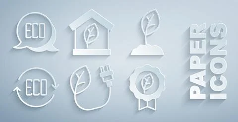 Set Electric saving plug in leaf, Sprout, Leaf Eco symbol, friendly house and Ilustración de archivo