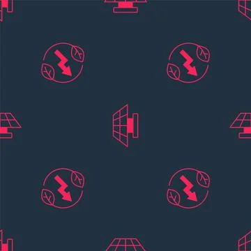 Set Electric saving plug in leaf and Solar energy panel on seamless pattern Illustrazione stock