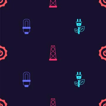 Set Electric saving plug in leaf, LED light bulb, Antenna and Power button on Stock Illustration