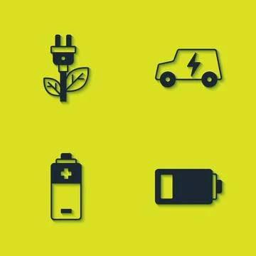 Set Electric saving plug in leaf, Battery, and car icon. Vector Stock Illustration