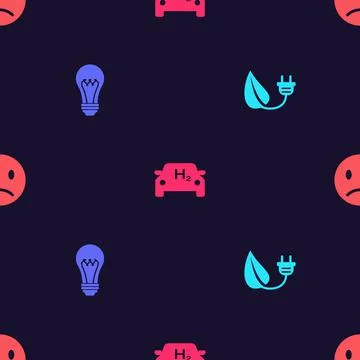 Set Electric saving plug in leaf, Light bulb, Hydrogen car and Sad smile on Stock Illustration