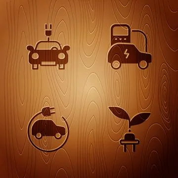 Set Electric saving plug in leaf, car, and on wooden background. Vector Stock Illustration