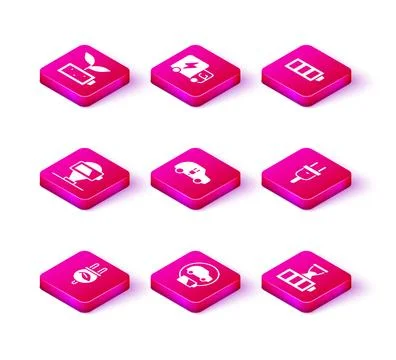 Set Electric saving plug in leaf, car, Battery charge, and truck icon. Vector 스톡 일러스트