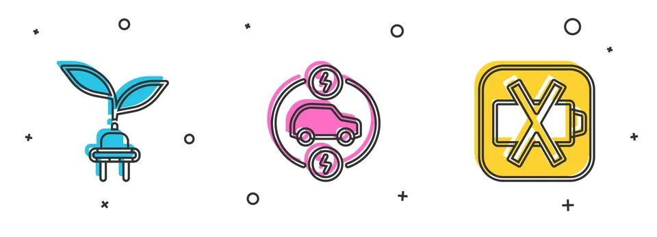 Set Electric saving plug in leaf, car and Low battery icon. Vector イラスト素材