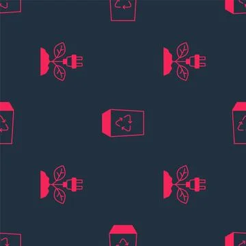 Set Electric saving plug in leaf and Recycle bin on seamless pattern. Vector Illustrazione stock