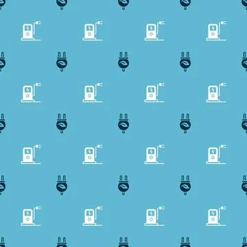 Set Electric saving plug in leaf and car charging station on seamless pattern Illustrazione stock
