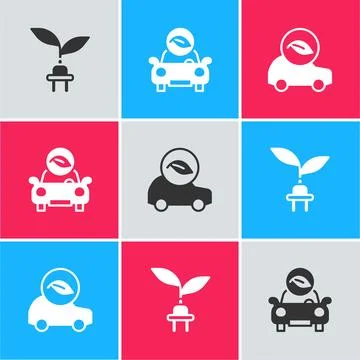 Set Electric saving plug in leaf, Eco car and  icon. Vector 스톡 일러스트