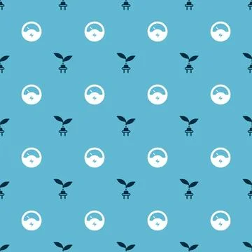 Set Electric saving plug in leaf and Voltmeter on seamless pattern. Vector Illustrazione stock