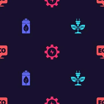 Set Electric saving plug in leaf, Eco nature and battery, Gear lightning and  Illustrazione stock