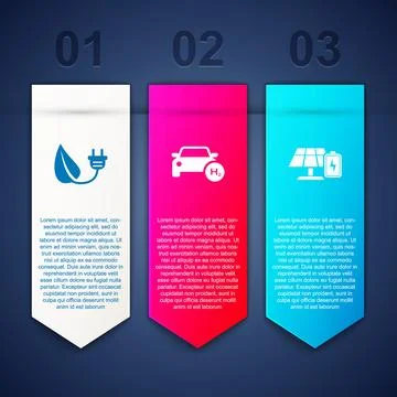 Set Electric saving plug in leaf, Hydrogen car and Solar energy panel and bat Stock Illustration