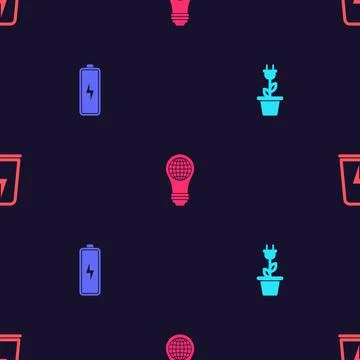 Set Electric saving plug in pot, Battery, Light bulb with world globe and イラスト素材