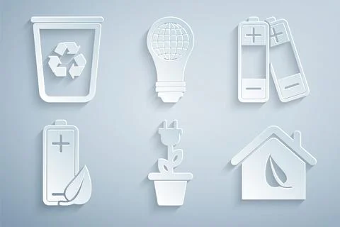 Set Electric saving plug in pot, Battery, Eco nature leaf and battery, friendly Stock Illustration