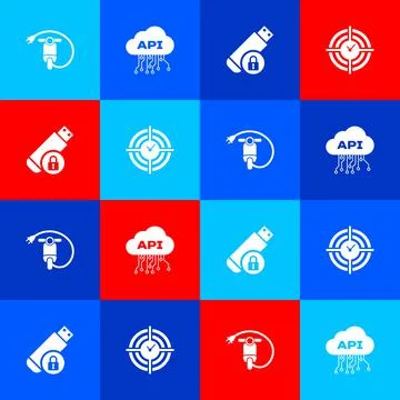 Set Electric scooter, Cloud api interface, USB flash drive with lock and Time Stock Illustration