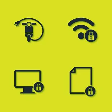 Set Electric scooter, Document and lock, Lock on monitor and Wifi locked icon Illustrazione stock