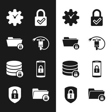 Set Electric scooter, Folder and lock, Time Management, Lock check mark, Se.. Illustrazione stock