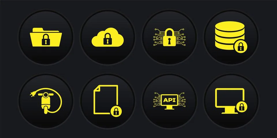 Set Electric scooter, Server security with lock, Document and, Computer api Stock Illustration