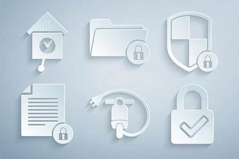 Set Electric scooter, Shield security with lock, Document and, Lock check mark Stock Illustration