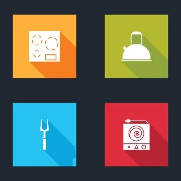 Set Electric stove, Kettle with handle, Barbecue fork and  icon. Vector Illustration