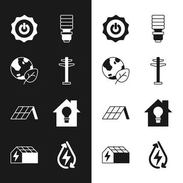 Set Electric tower, Earth globe and leaf, Power button, LED light bulb, Solar Stock Illustration