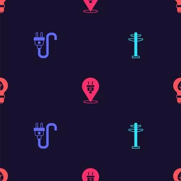 Set Electric tower, plug,  and Light bulb with leaf on seamless pattern. Vect Stock Illustration