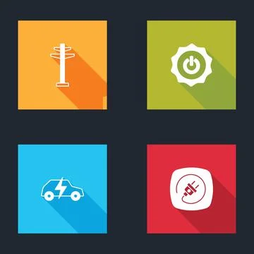 Set Electric tower, Power button, car and plug icon. Vector イラスト素材