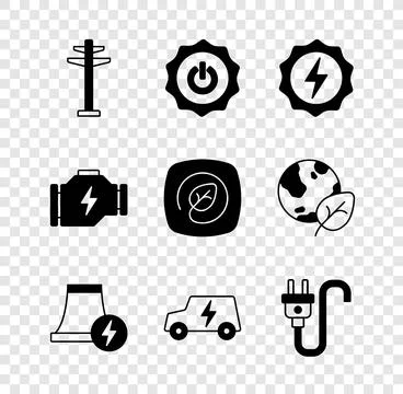 Set Electric tower, Power button, Lightning bolt, Nuclear power plant, car,.. Illustrazione stock