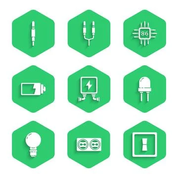 Set Electric transformer, Electrical outlet, light switch, Light emitting diode Illustrazione stock
